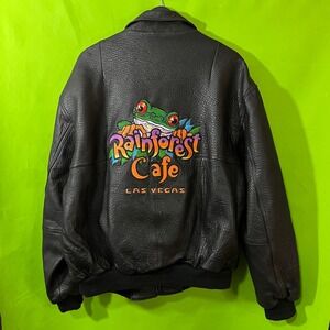 Vintage 90s Rainforest Cafe Las Vegas Leather Bomber Jacket Large Black Frog